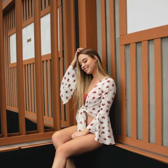 AUDREY 3+1 White Floral Crop Top w/ Bell Sleeves - Picture 1 of 3